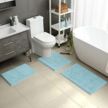 HOMEIDEAS Light Blue Chenille Bathroom Rugs Set of 3, Non Slip Bath Mat