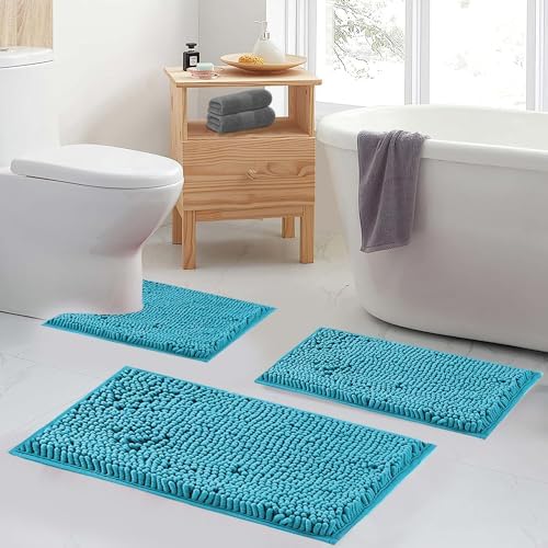 Teal Blue Bathroom Rugs Bath Mats for Bathroom Chenillen Bath Rug Set 2 Piece Non-Slip Bath Mats, Absorbent Shaggy Rugs, Machine Wash, Perfect Plush Bathroom Mats, Batroom Carpets Set