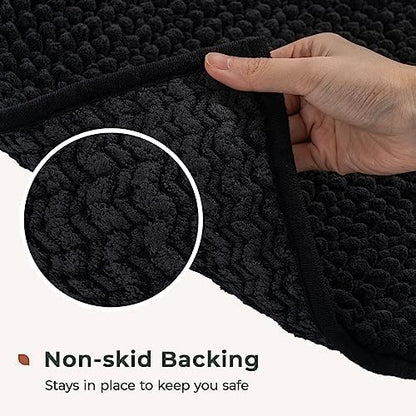 FRESHMINT Chenille Bath Rugs Set 2 Pieces, Black, 17''x24''+20''x32''