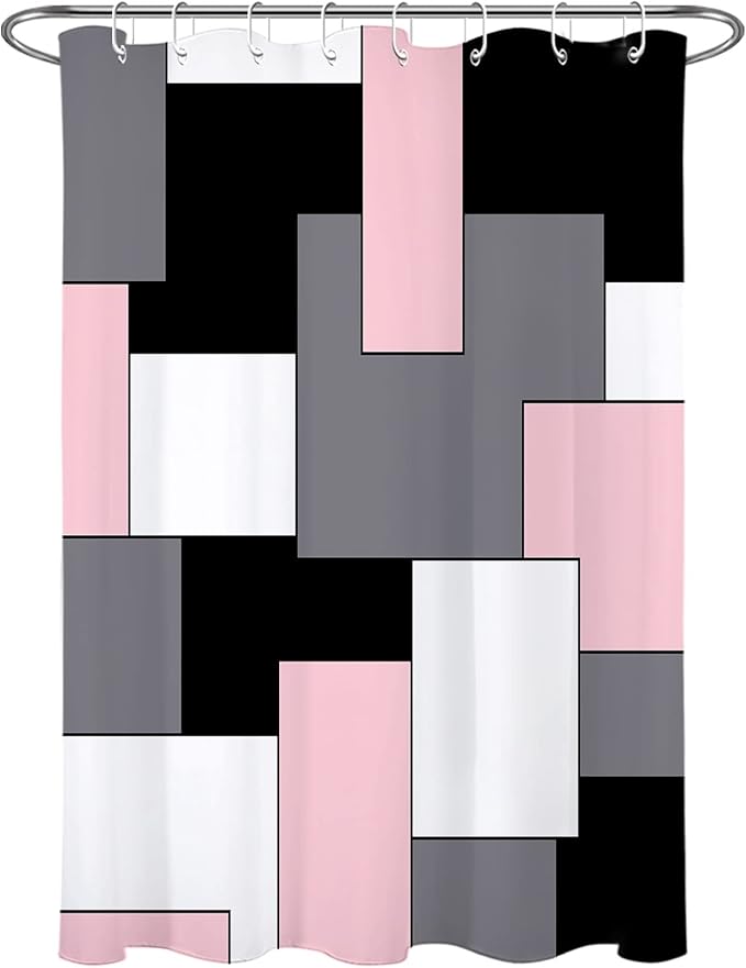 HVEST Modern Pink Shower Curtain with Hooks, Grey Black and White Abstract Geometric Shower Curtain for Bathroom, Mid Century Minimalist Shower Curtain Set Bathroom Decor Curtains, 48x72 inch