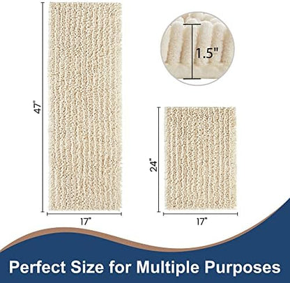 Luxury Chenille Cream Bathroom Rugs Sets 2 Piece, Thickened Hot Melt Rubber Bottom Bath Mats for Bathroom Non Slip,Bath Rugs Quick Dry Machine Washable for Shower Mat (47"x17"+17"x24")
