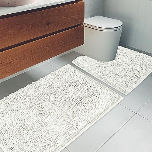 Bathroom Rugs Chenille Bath mat 2 Piece Set, Super Absorbent, Strong PVC Non Slip Backing, Bath mats for Bathroom, Plush Shaggy, Thick, Machine Washable, Bathtub, Shower, Toilet.(White)