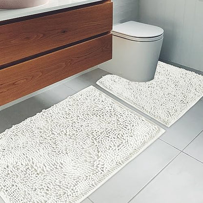 Bathroom Rugs Chenille Bath mat 2 Piece Set, Super Absorbent, Strong PVC Non Slip Backing, Bath mats for Bathroom, Plush Shaggy, Thick, Machine Washable, Bathtub, Shower, Toilet.(White)