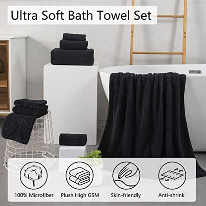 8 Pcs Black Oversized Bath Towel Set-2 Extra Large Bath Sheets,2 Hand Towels,4 Washcloths Soft Bathroom Towels Highly Absorbent Quick Dry Beach Chair Towels Woven Towels for Hotel and Spa
