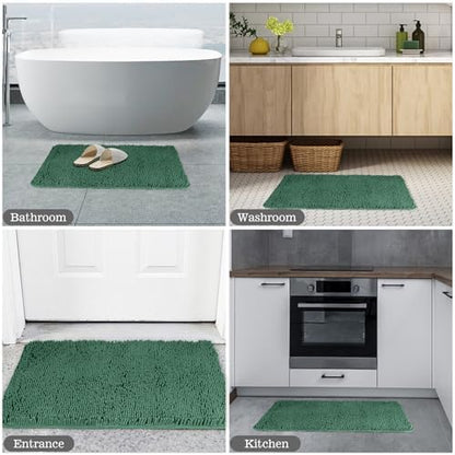 Yeaban Chenille Dark Green Bathroom Rug 24"x36", Non-Slip Rubber Backing