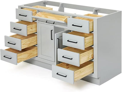 ARIEL Hepburn 54-inch Bathroom Vanity Base Cabinet,Solid Wood, 2 Soft Closing Doors, 9 Dovetail Drawers, Grey