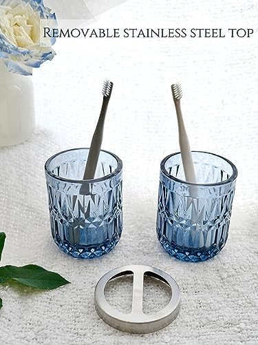 LaMarriti Blue Bathroom Accessories Set, 5Pcs Clear Glass Bathroom Accessories, Hand Soap Dispenser, Soap Dish, Toothbrush Holder Set, Qtips Holder for Crystal Vintage Bath Countertop Decor, Gift Set