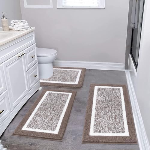 Pauwer 3 Piece Bathroom Rug Set, Non Slip Washable Bath Mat, Coffee
