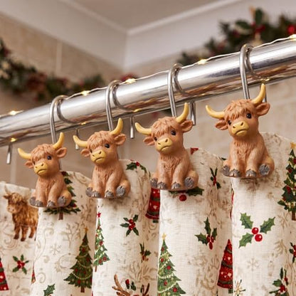 Xuhal 12 Pcs Highland Cow Shower Curtain Hooks Rustic Farmhouse Bathroom