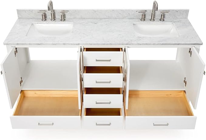 ARIEL Cambridge 72-inch Bathroom Vanity with Sink,Solid Wood, 0.75-inch Italian Carrara Marble Countertop, Double Rectangular Porcelain Sink, 4 Soft Closing Doors, 6 Dovetail Drawers, White