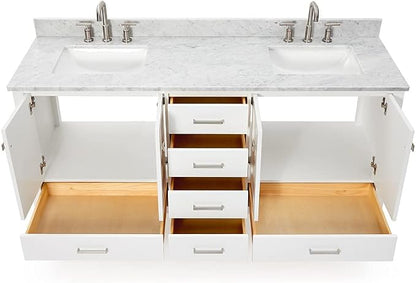 ARIEL Cambridge 72-inch Bathroom Vanity with Sink,Solid Wood, 0.75-inch Italian Carrara Marble Countertop, Double Rectangular Porcelain Sink, 4 Soft Closing Doors, 6 Dovetail Drawers, White