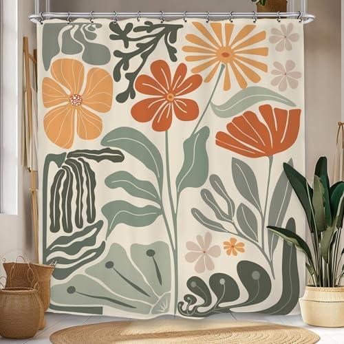 Retro Flower Matisse 70s Shower Curtain 72Wx72L Inch Colorful Groovy Vintage Trendy Funky Sage Green Orange Bathroom Set Accessories Decor with 12 Pack Hooks