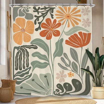 Retro Flower Matisse 70s Shower Curtain 72Wx72L Inch Colorful Groovy Vintage Trendy Funky Sage Green Orange Bathroom Set Accessories Decor with 12 Pack Hooks