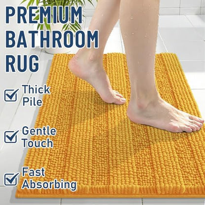 Grandaily Chenille Striped Bathroom Rugs 30x20, Extra Thick and Soft Absorbent Bath Mats, Rubber Backing, Plush Shaggy Shower Carpet, Machine Wash Dry, Bath Rug for Bathroom, Golden Yellow