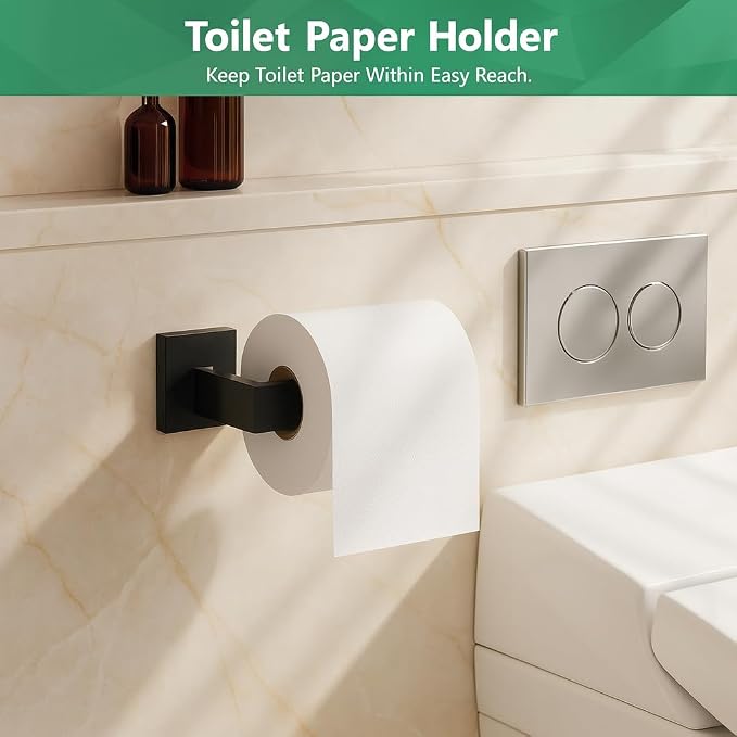 Matte Black 5-Piece SUS304 Stainless Steel Bathroom Hardware Set | Includes two 23.8-inch towel bars, one toilet paper holder, one towel ring and one robe hook for coordinated wall storage.