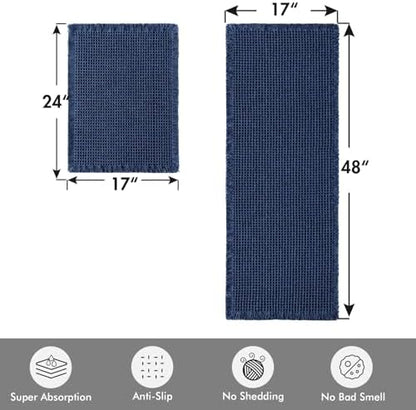 MIULEE Set of 2 Waffle Bathroom Rugs Navy Blue Bath Mat 17"x24"+17"x48"