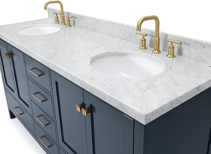 ARIEL Cambridge 72-inch Bathroom Vanity with Sink,Solid Wood, 1.5-inch Italian Carrara Marble Countertop, Double Oval Porcelain Sink, 4 Soft Closing Doors, 6 Dovetail Drawers, Midnight Blue