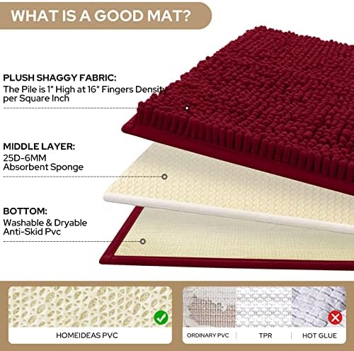 HOMEIDEAS Burgundy Chenille Bathroom Rugs Set of 3, Non Slip Bath Mat