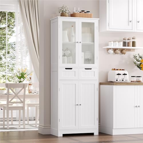 HORSTORS 67" H Bathroom Storage Cabinet, White Linen Cabinet with Drawers