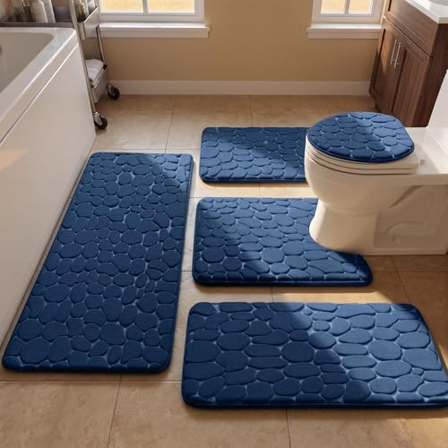 YIHOUSE Bathroom Rugs Mat Set, Memory Foam Bath Mat 5 Piece Navy Blue