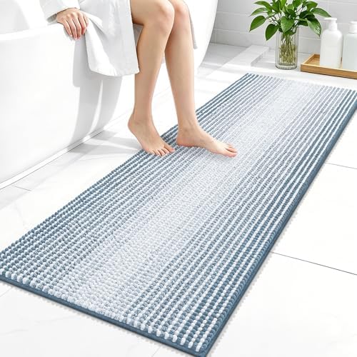 OLANLY Bathroom Runner Rugs 47x20, Chenille Striped Bath Rugs, Airy Blue