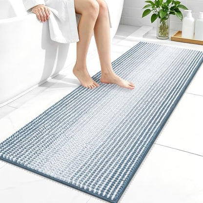 OLANLY Bathroom Runner Rugs 47x20, Chenille Striped Bath Rugs, Airy Blue