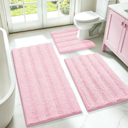ACCUMTEK Christmas Striped Pink Bathroom Rug Set 3 Pieces Ultra Soft, Non Slip Chenille Toilet Mat, Absorbent Plush Shaggy Bath Mats for Bathroom, Bedroom, Kitchen