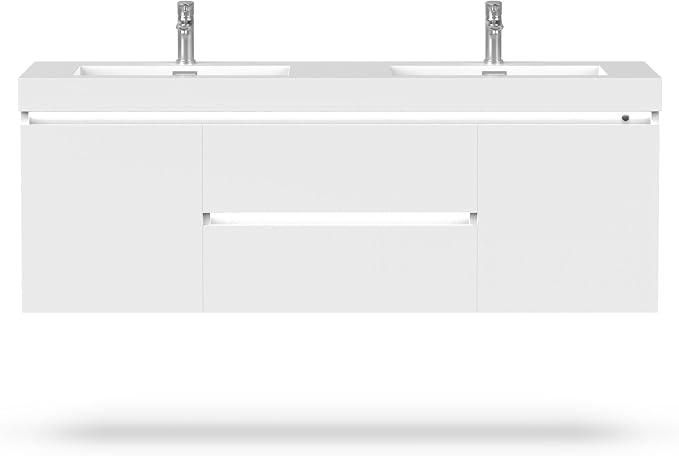 Vanity Art LED Lighted 60 Inch Double Sinks Wall Mounted Bathroom Vanity Set 2 Drawers 4 Shelves Storage Cabinet White Engineered Stone Top Undermount Rectangle Sinks with Sensor Switch