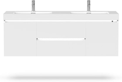 Vanity Art LED Lighted 60 Inch Double Sinks Wall Mounted Bathroom Vanity Set 2 Drawers 4 Shelves Storage Cabinet White Engineered Stone Top Undermount Rectangle Sinks with Sensor Switch