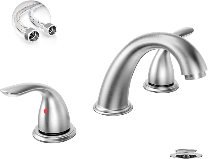 3-Hole 8 Inch Brushed Nickel Widespread Bathroom Faucet Low Arc 2-Handle Bathroom Vanity Faucet with Water Supply line & Metal Pop Up Drain, BF03008-K05-GBN
