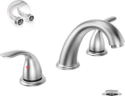 3-Hole 8 Inch Brushed Nickel Widespread Bathroom Faucet Low Arc 2-Handle Bathroom Vanity Faucet with Water Supply line & Metal Pop Up Drain, BF03008-K05-GBN