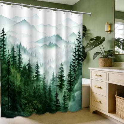 Dark Green and White Forest Shower Curtain, 60X72 in, Nature Pine Tree