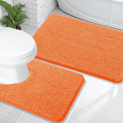 OLANLY Chenille Bathroom Rugs Mats Sets 2 Piece, 36"x24"+24"x20", Orange