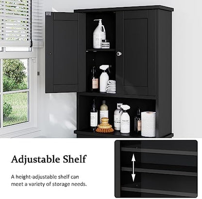Over The Toilet Storage Cabinet for Bathroom, Black Bathroom Storage Over Toilet, Space Saver W/Adjustable Shelf and Open Shelf, Black