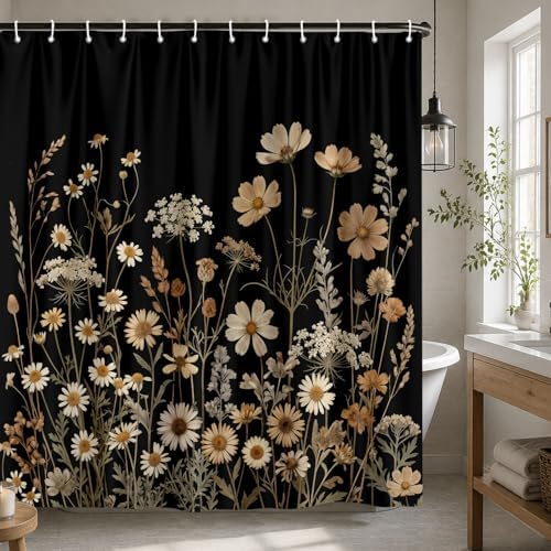 Black Floral Shower Curtain, Dark Daisy Wildflower Botanical Shower Curtain For Bathroom, Vintage Rustic Farmhouse Beige Flower Plant Fabric Cottagecore Boho Bath Curtain with 12 PCS Hooks 72X72 Inch