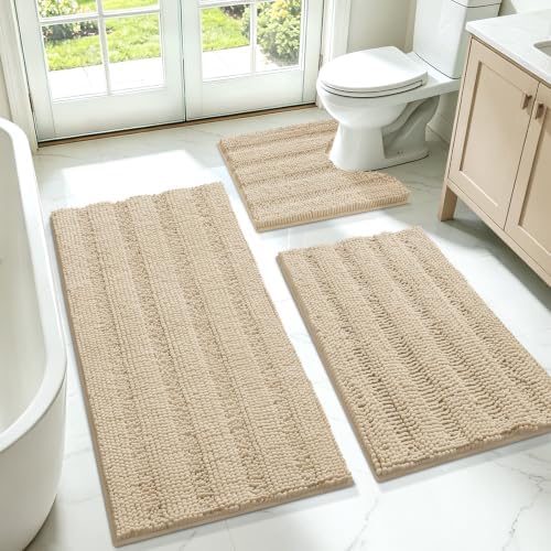 ACCUMTEK Striped Beige Bathroom Rug Set 3 Pieces Ultra Soft, Non Slip Chenille Toilet Mat, Absorbent Plush Shaggy Bath Mats for Bathroom, Bedroom, Kitchen