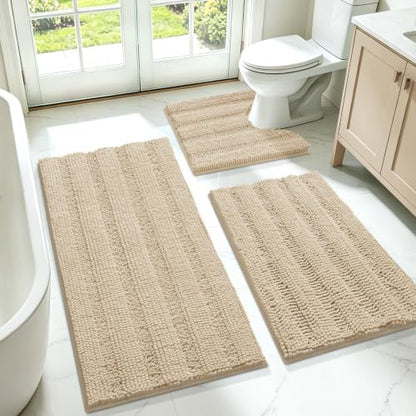 ACCUMTEK Striped Beige Bathroom Rug Set 3 Pieces Ultra Soft, Non Slip Chenille Toilet Mat, Absorbent Plush Shaggy Bath Mats for Bathroom, Bedroom, Kitchen