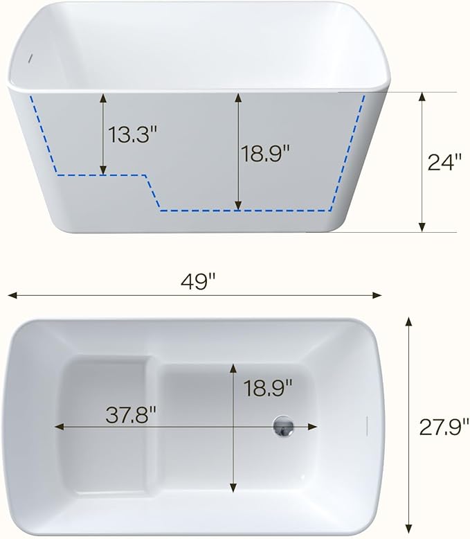 49" Acrylic Freestanding Bathtub - Japanese Square Soaking Tub with Built-in Seat & Toe-Tap Drain, Glossy White Finish, CUPC Certified