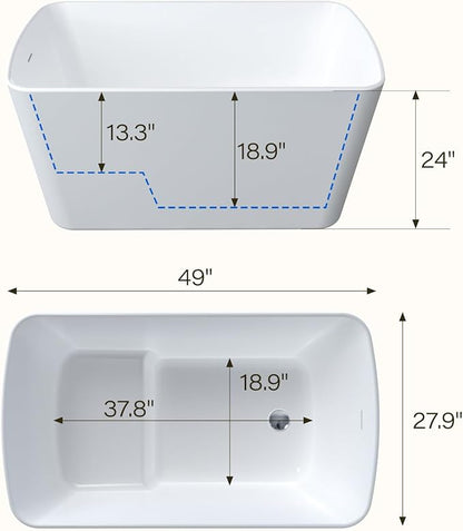 49" Acrylic Freestanding Bathtub - Japanese Square Soaking Tub with Built-in Seat & Toe-Tap Drain, Glossy White Finish, CUPC Certified