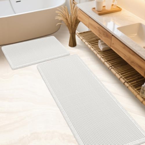 IM HOME Waffle Bath Mat Set 2 Piece White,Woven Modern Bath Rug Mats, Absorbent Non Slip Bath Floor Mat, Soft Washable Boho Bath Rugs with Tassels for Bathroom, Bedroom, Kitchen,Tub