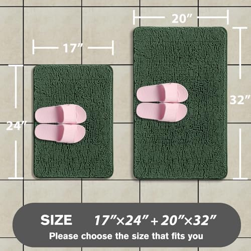 Hunter Green Bathroom Rugs Sets 2 Piece – Absorbent and Washable Bath Mat, Non-Slip, Thick Soft Chenille Bath Rugs for Bathroom Floor, Shower, Sink - 17" x 24"+20" x 32"