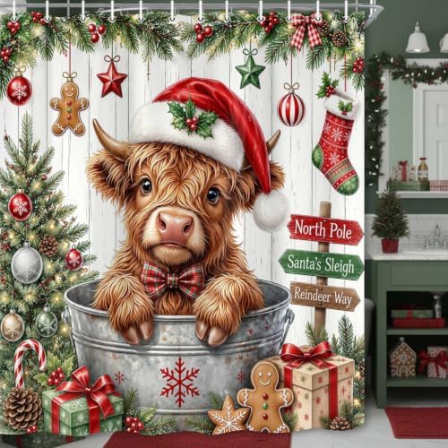 Christmas Highland Cow Shower Curtain Cute Farmhouse Bathroom Decor 72x72in