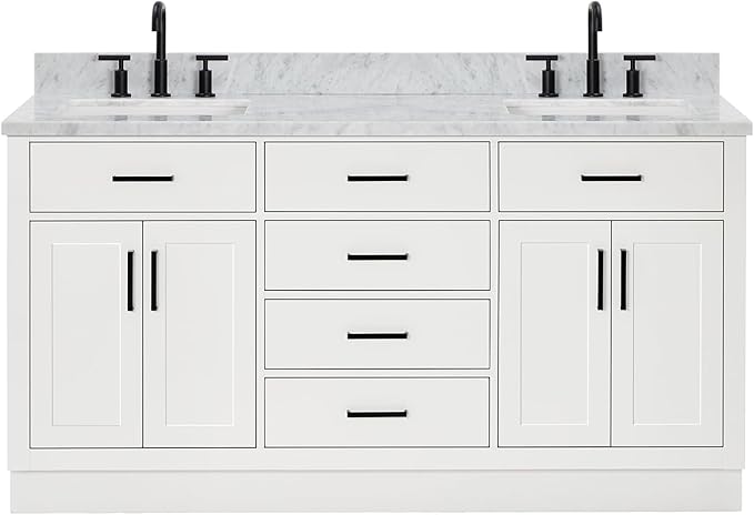 ARIEL Hepburn 66-inch Bathroom Vanity with Sink,Solid Wood, 0.75-inch Italian Carrara Marble Countertop, Double Rectangular Porcelain Sink, 4 Soft Closing Doors, 6 Dovetail Drawers, White
