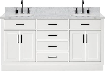 ARIEL Hepburn 66-inch Bathroom Vanity with Sink,Solid Wood, 0.75-inch Italian Carrara Marble Countertop, Double Rectangular Porcelain Sink, 4 Soft Closing Doors, 6 Dovetail Drawers, White