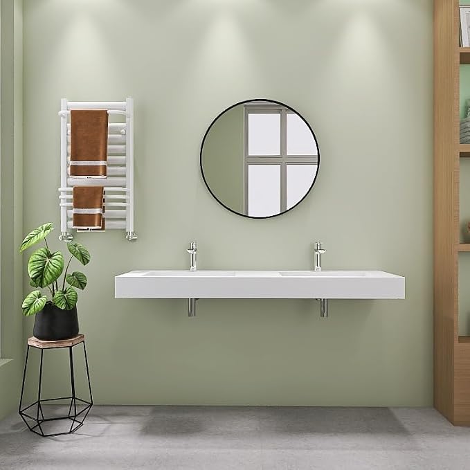 SJ STAR&JANE 59" x 19" Solid Surface Bathroom Double Vessel Sink, Wall Mounted Sink, Stone Resin Countertop With Double Bowl in Matte White Rectangle Double Floating Vanity Sink Durable Modern Design