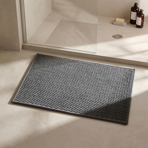 Triohero Bathroom Rugs Non Slip Washable, Super Absorbent Thin Bath Mat Small Quick Dry Low Pile Bathroom Rug, Dark Grey 16"x24"
