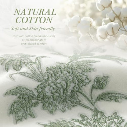 Sage Green Floral Shower Curtain,Jacquard Weave Vintage Cotton Cottagecore Shower Curtains for Bathroom, 72" W x 72" L
