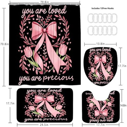AZHM 4pcs Tulip Bow Bathroom Shower Curtain Set with Rugs and Accessories