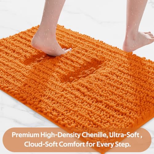ACCUMTEK Upgrade Extra Large Orange Bathroom Rug Set 3 Pieces Ultra Soft, Thick Absorbent Bath Mats, Non Slip Chenille Toilet Mat for Bathroom, Bedroom, Kitchen