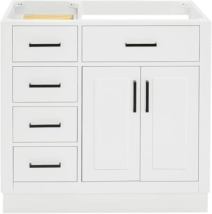 ARIEL Hepburn 36-inch Bathroom Vanity Base Cabinet,Solid Wood, 2 Soft Closing Doors, 5 Dovetail Drawers, White
